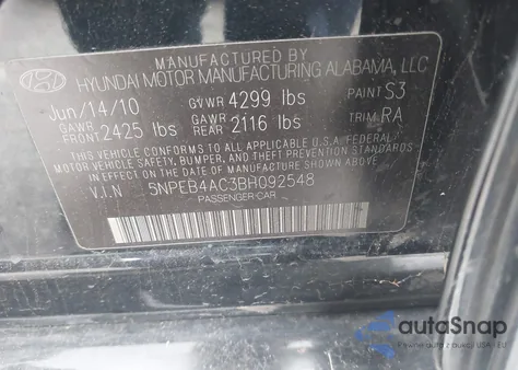 2011 Hyundai Sonata Gls z USA, uszkodzony, nr VIN 5NPEB4AC3BH092548
